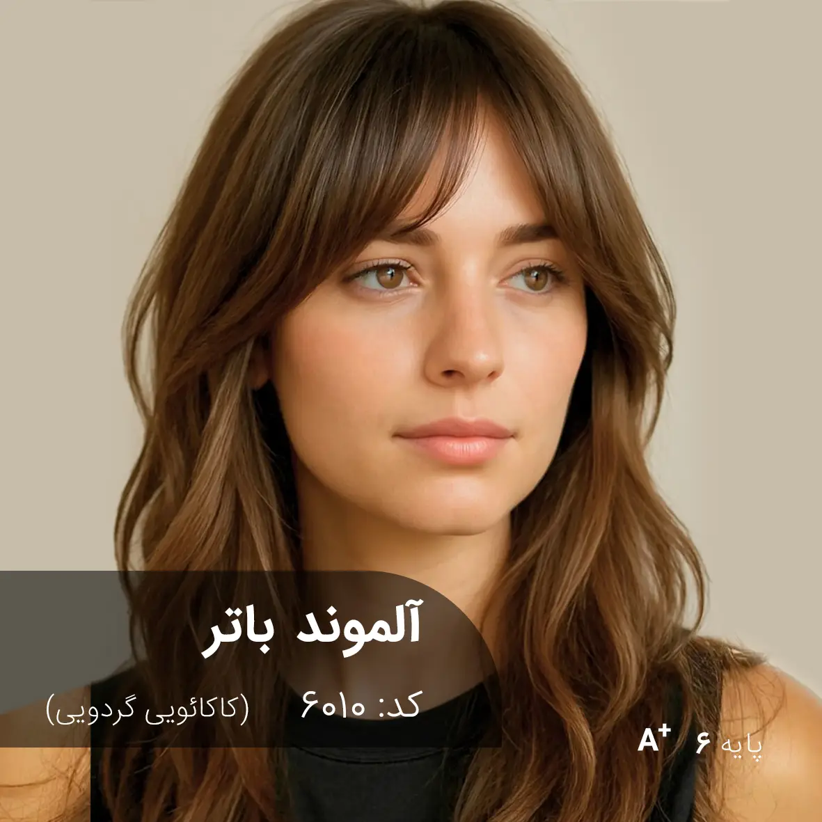 ترکیب رنگ آلموند باتر (کاکائویی گردویی) کد 6010 نمای نزدیک از موهای رنگ شده با آلموند باتر (کاکائویی گردویی) با درخشش طبیعی و تناژ کاکائویی روی پایه ۶.