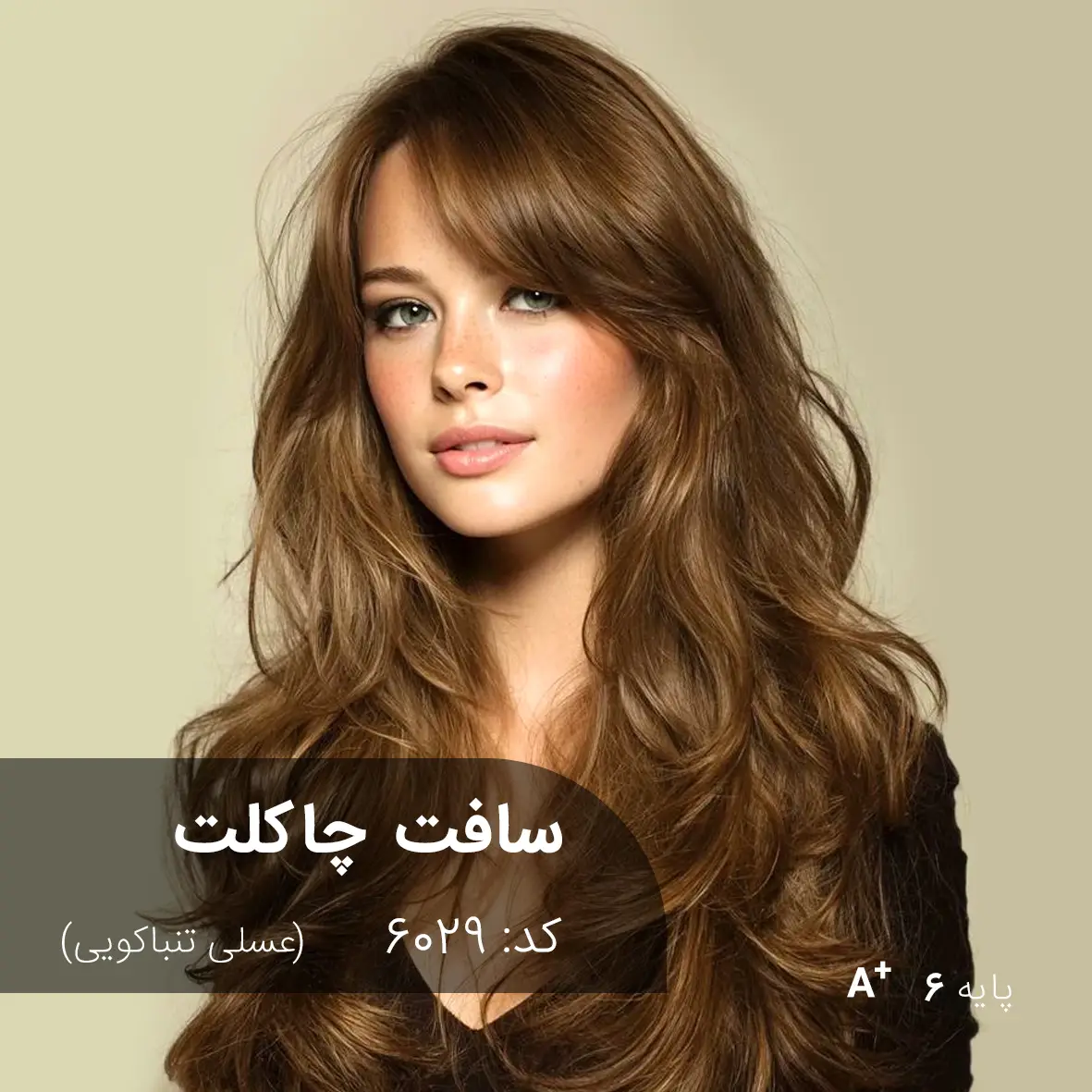ترکیب رنگ سافت چاکلت (عسلی تنباکویی) کد 6029 تصویری از مدل با رنگ موی سافت چاکلت (عسلی تنباکویی)، رنگی گرم و طبیعی با پایه دکلره 6