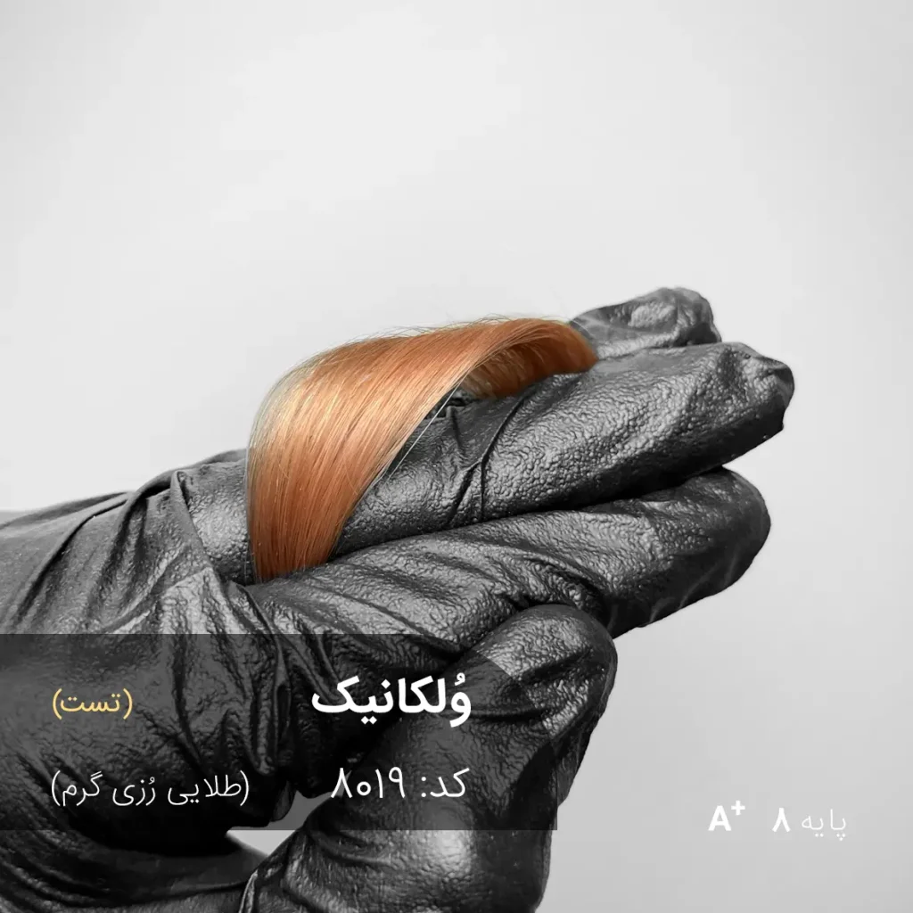 رنگ موی وُلکانیک طلایی رزی گرم روی موهای پایه دکلره 8 با درخشندگی بالا